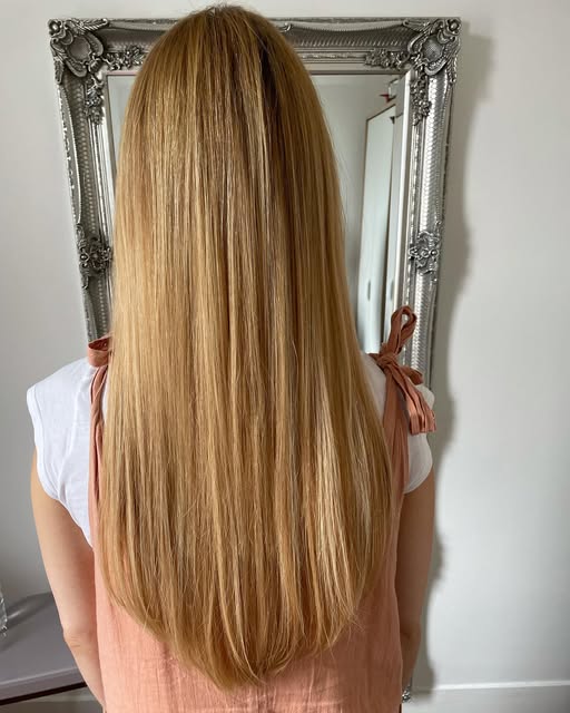 Long blonde hair after keratin bond extensions by ACH Hair